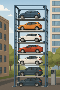 vista moderna de un estacionamiento automatizado vertical con autos en plataformas elevadas