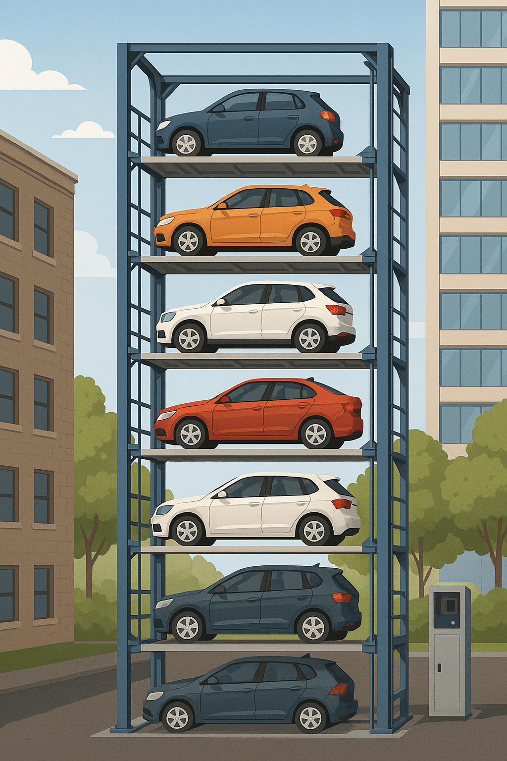 vista moderna de un estacionamiento automatizado vertical con autos en plataformas elevadas