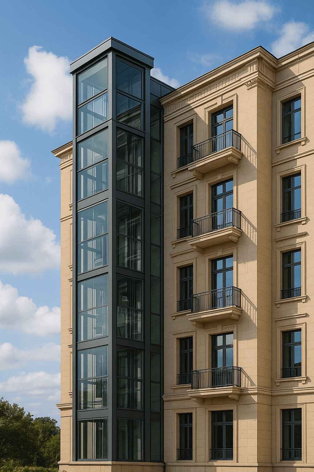 elevador exterior de vidrio moderno instalado en la fachada de un edificio contemporáneo