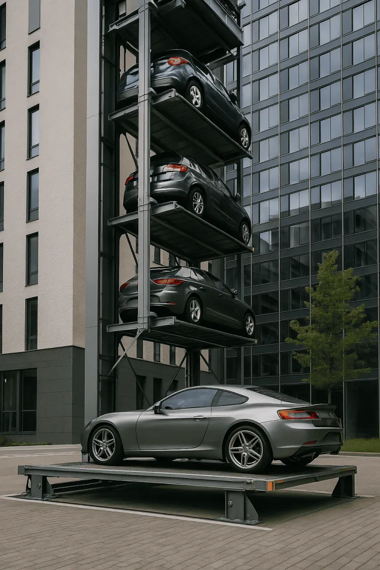 torre de estacionamiento automatizada moderna con autos apilados en estructura metálica urbana