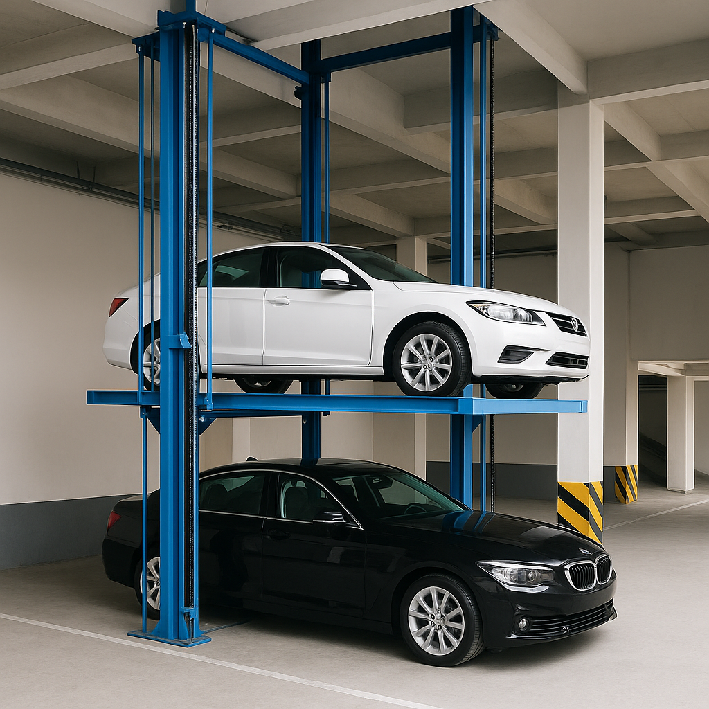 Elevador para autos de dos niveles dentro de un estacionamiento moderno, con vehículos acomodados verticalmente