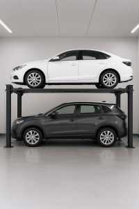 Elevador para autos de doble plataforma con dos vehículos estacionados en un sistema vertical moderno