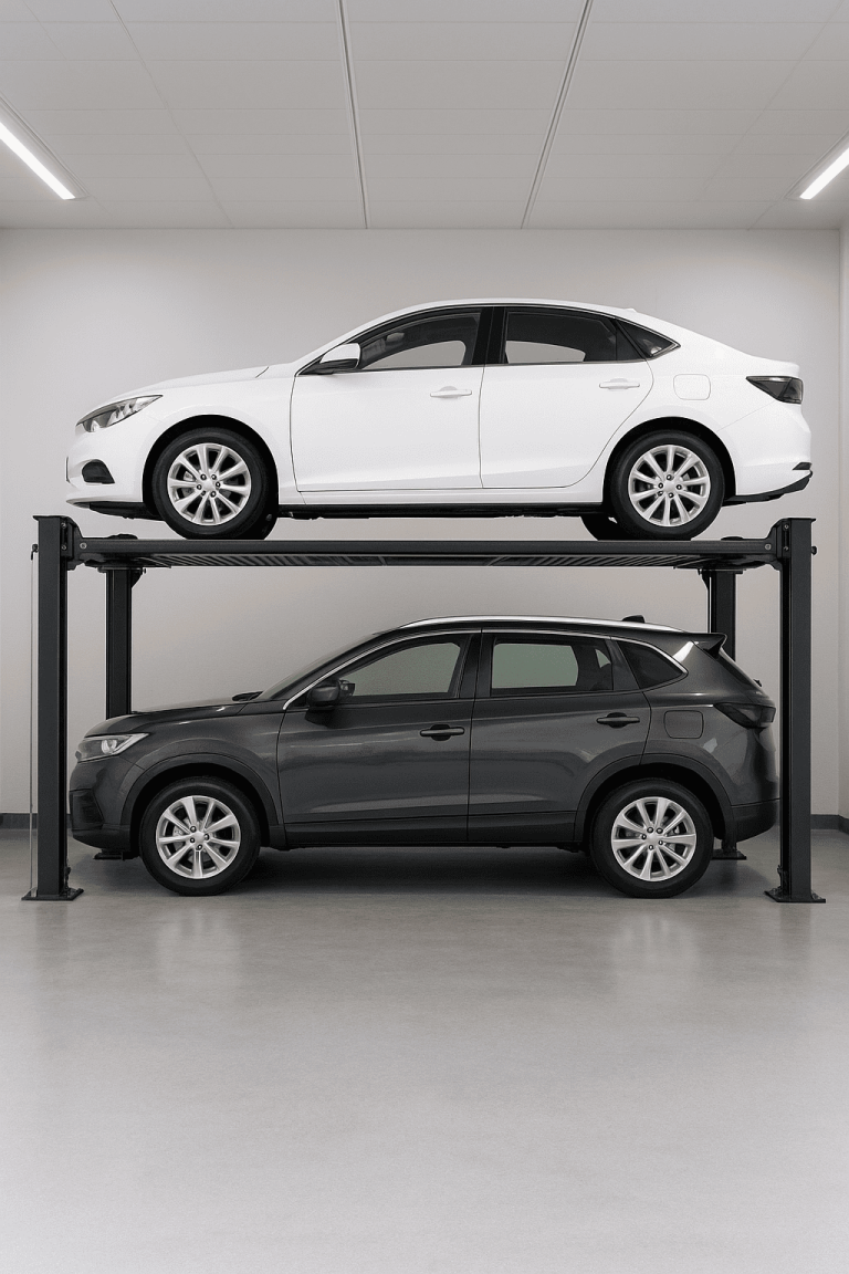 Elevador para autos de doble plataforma con dos vehículos estacionados en un sistema vertical moderno