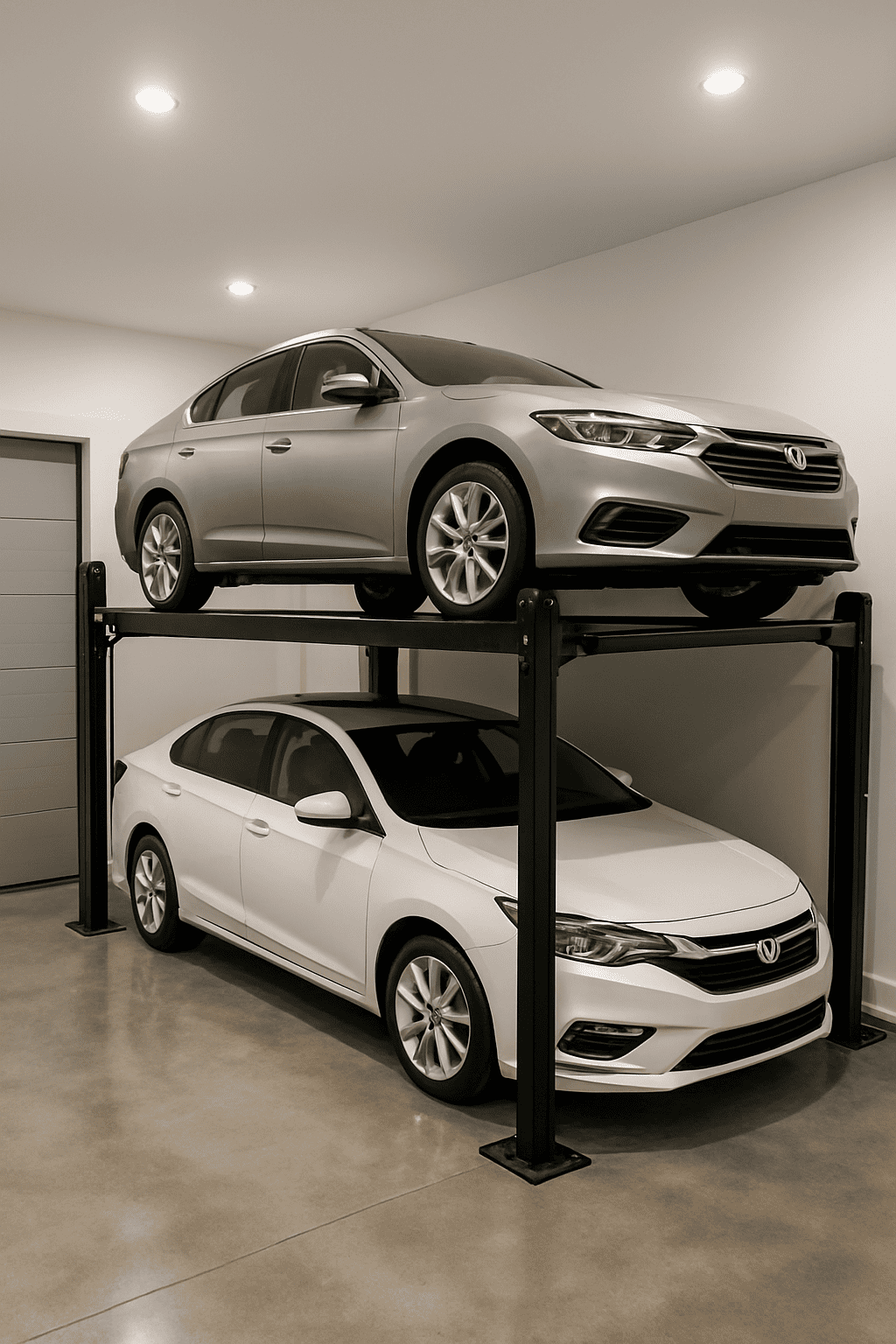 Elevador de doble plataforma para autos dentro de un garaje moderno con dos vehículos estacionados verticalmente