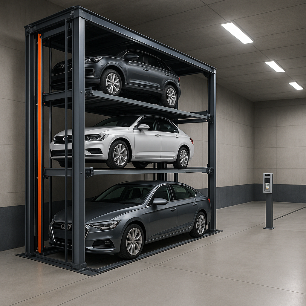 Torre de estacionamiento automatizada con varios autos elevándose dentro de un garaje moderno