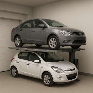 Elevador para autos compacto en un garaje, ideal para espacios reducidos