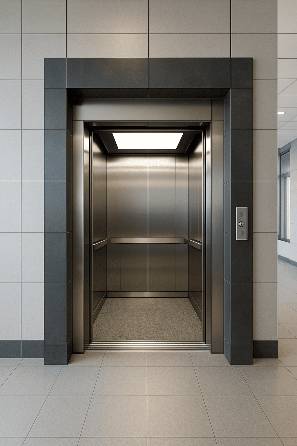 Elevador comercial moderno en un edificio corporativo con cabina amplia y puertas de acero inoxidable