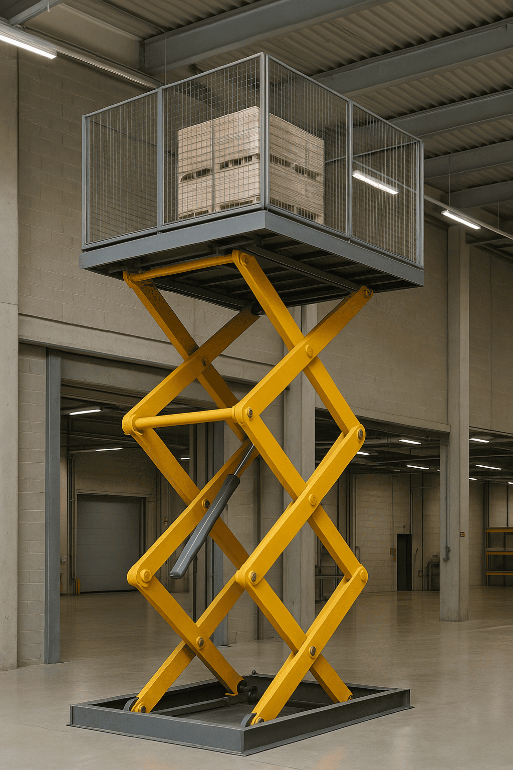 Elevador montacargas hidráulico levantando una plataforma industrial con carga pesada en un almacén