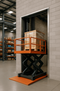 Elevador montacargas personalizado levantando carga pesada dentro de un almacén industrial moderno