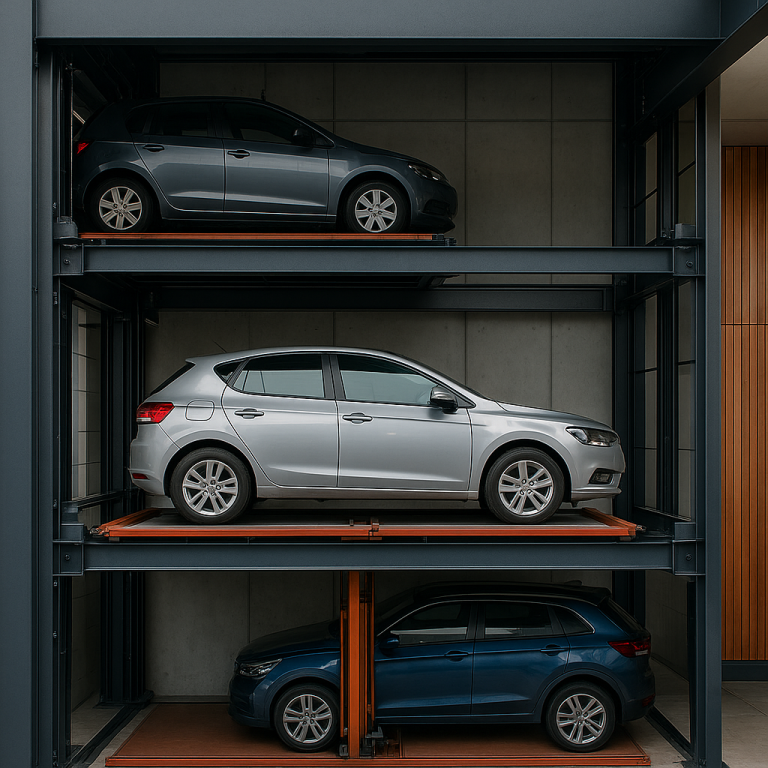 Elevador para autos moderno con estructura metálica y vehículos ubicados en diferentes niveles automatizados