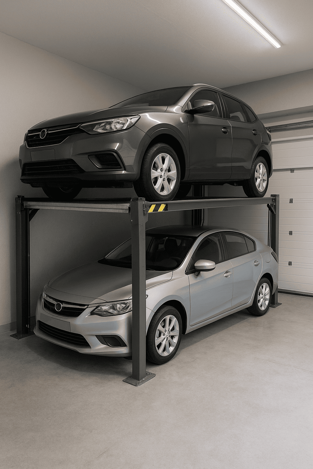 Elevador compacto para autos dentro de un garaje pequeño con dos vehículos en distintos niveles