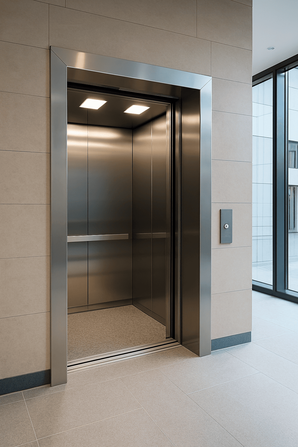 Elevador moderno con puertas abiertas en un edificio contemporáneo iluminado y de diseño minimalista