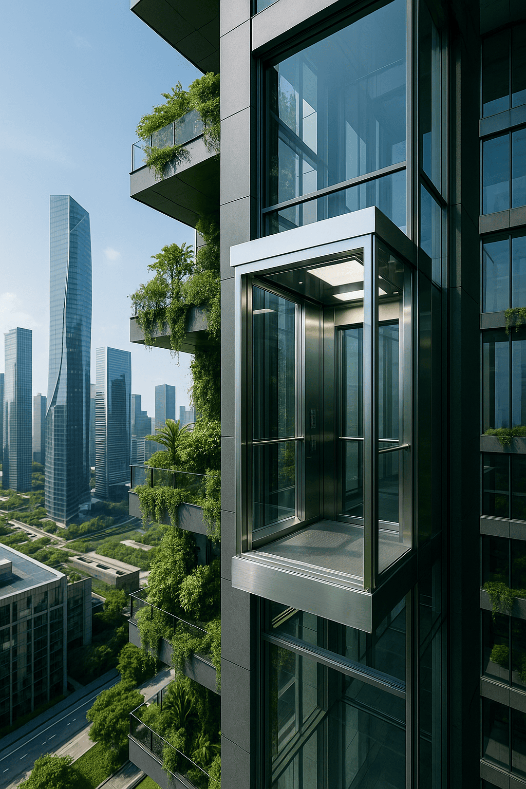 Elevador futurista en un edificio moderno con diseño sustentable y cabina de vidrio panorámico