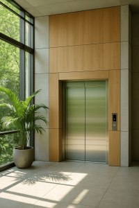 Elevador ecológico moderno con diseño sostenible en un edificio iluminado con luz natural