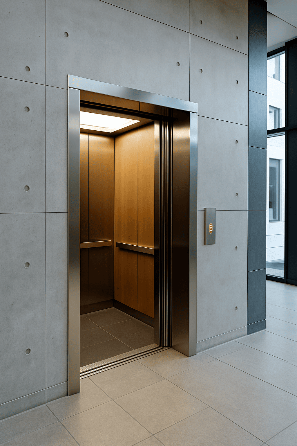Elevador moderno en un edificio contemporáneo con cabina iluminada y diseño minimalista
