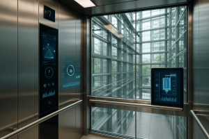 Elevador moderno dentro de un edificio inteligente con sensores y paneles tecnológicos