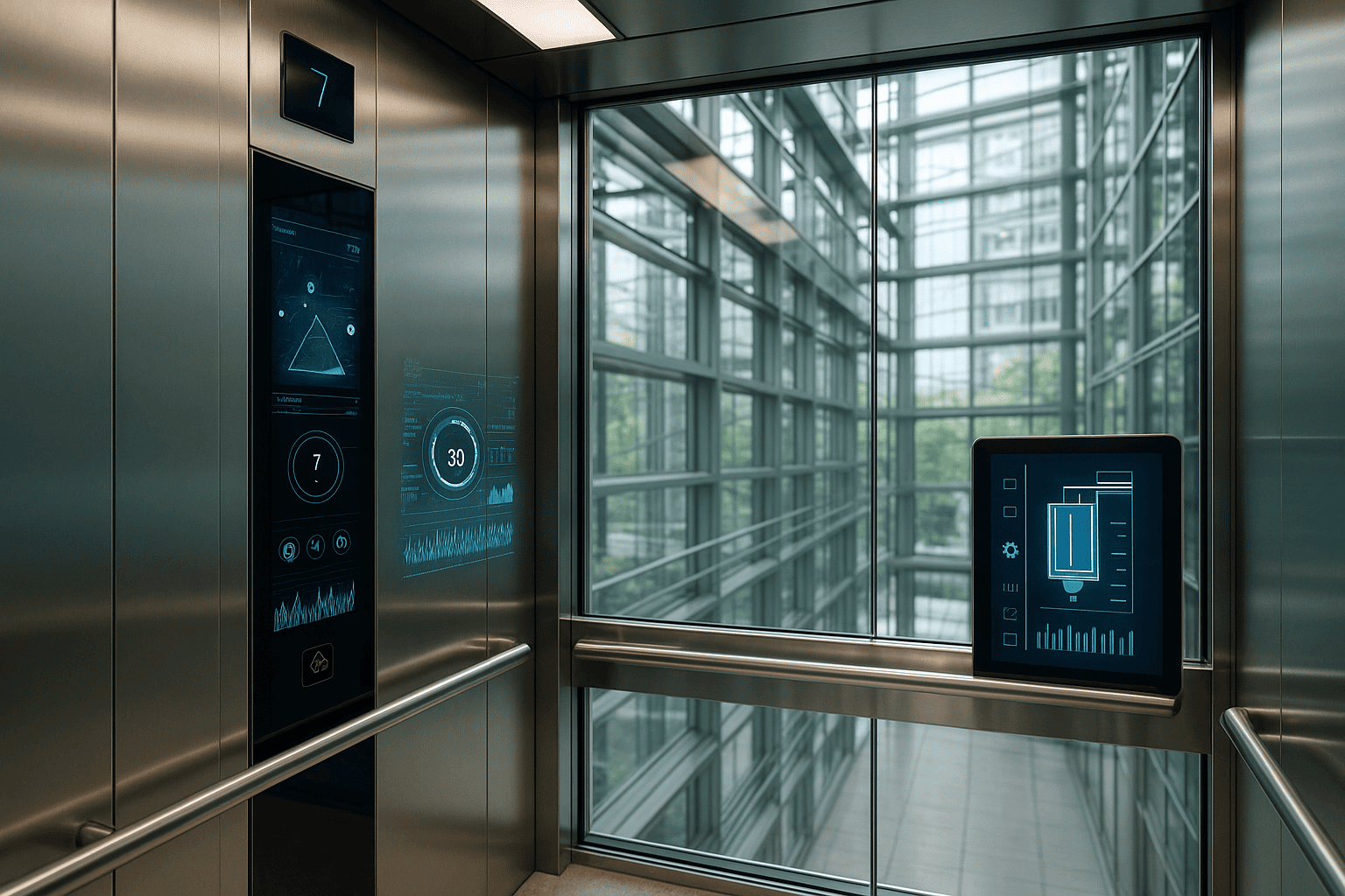 Elevador moderno dentro de un edificio inteligente con sensores y paneles tecnológicos