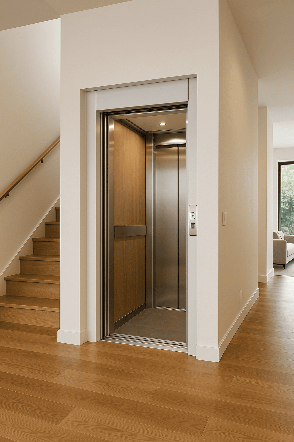 Elevador residencial moderno integrado en una casa con diseño elegante y cabina compacta