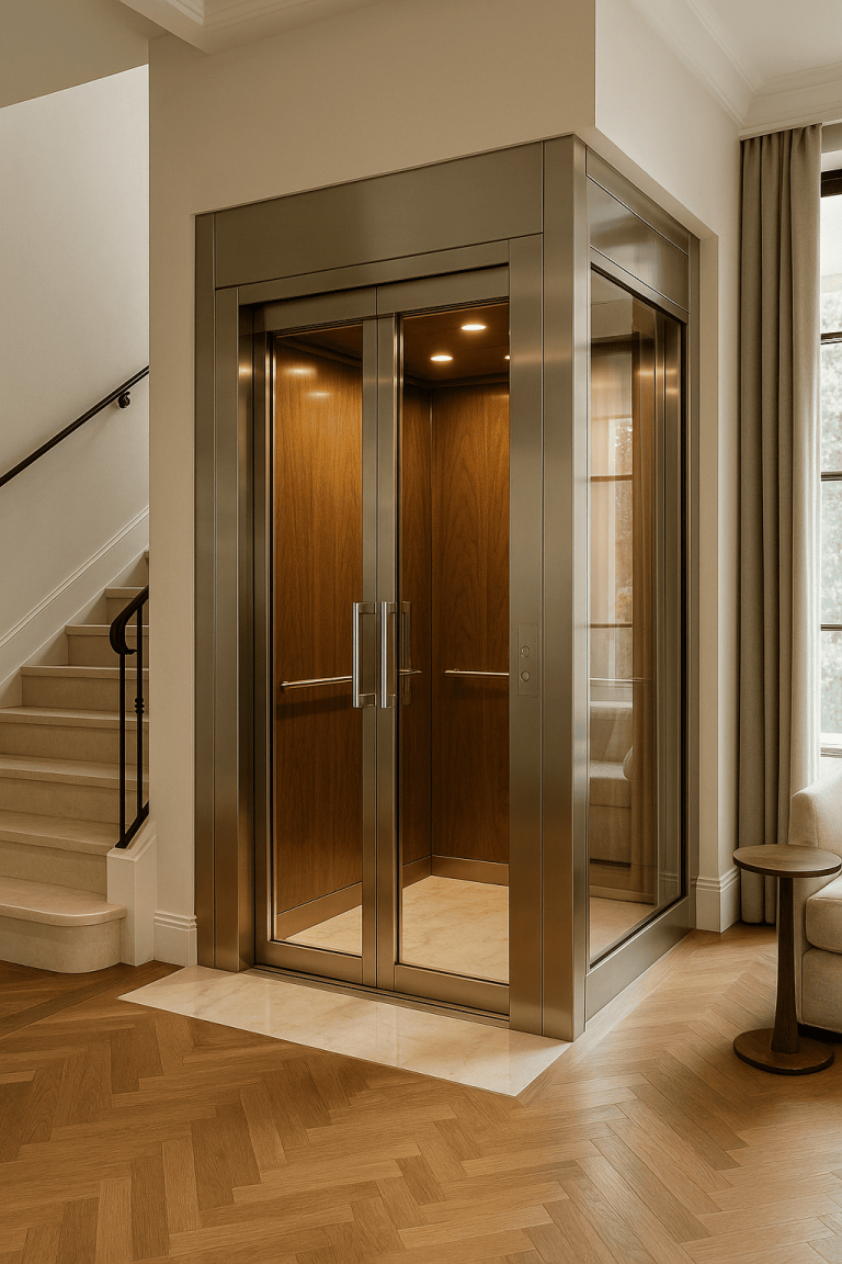 Elevador residencial de lujo con diseño moderno integrado en el interior de una casa elegante