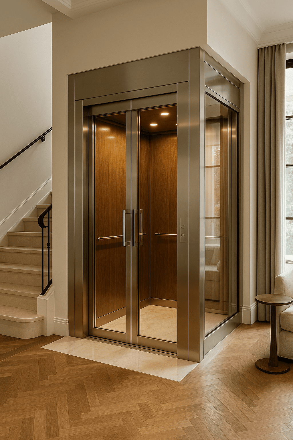 Elevador residencial de lujo con diseño moderno integrado en el interior de una casa elegante