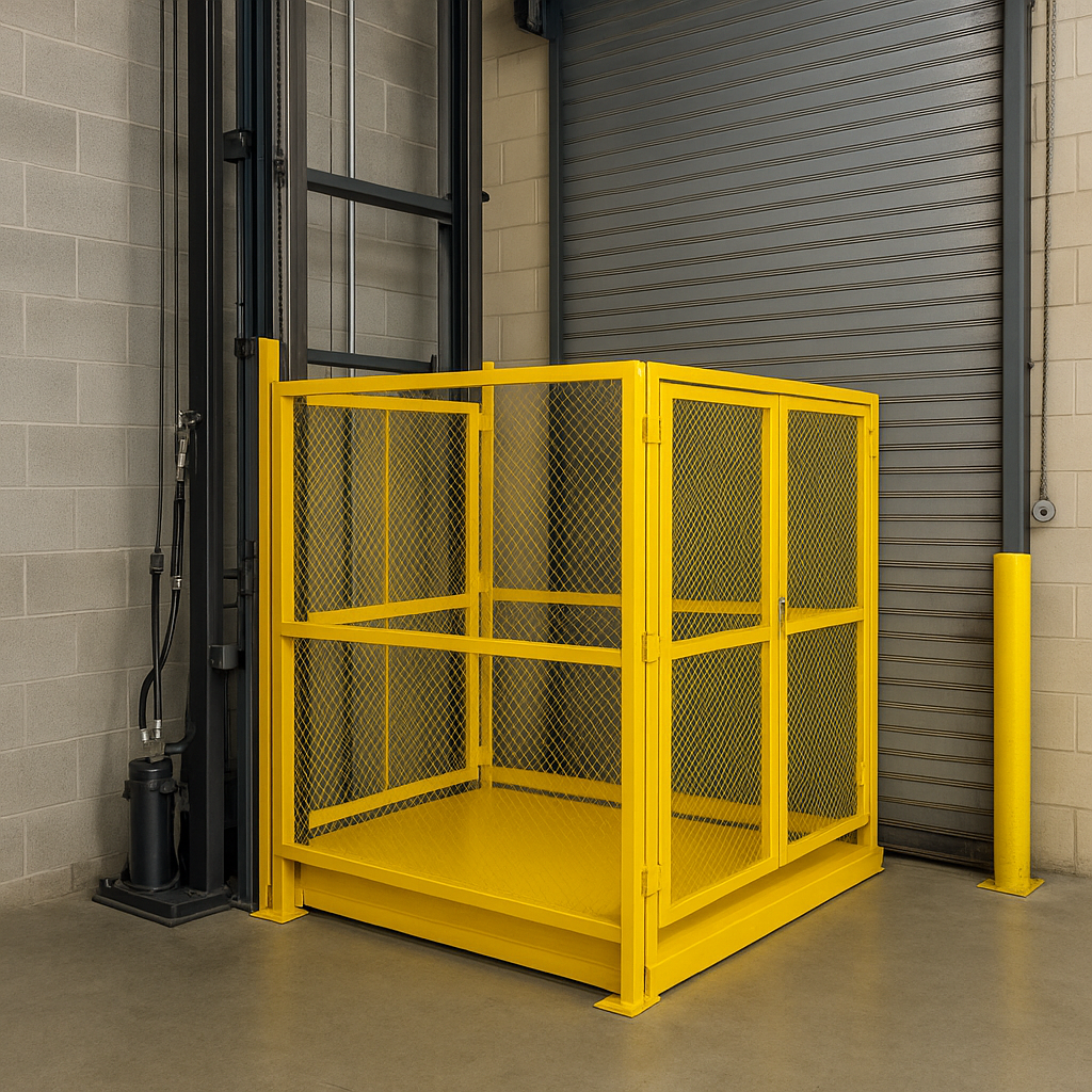 Elevador montacargas industrial en área de carga, con maquinaria hidráulica visible