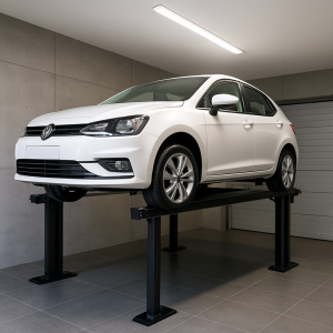 Elevador para autos elevando un vehículo compacto dentro de un garaje moderno