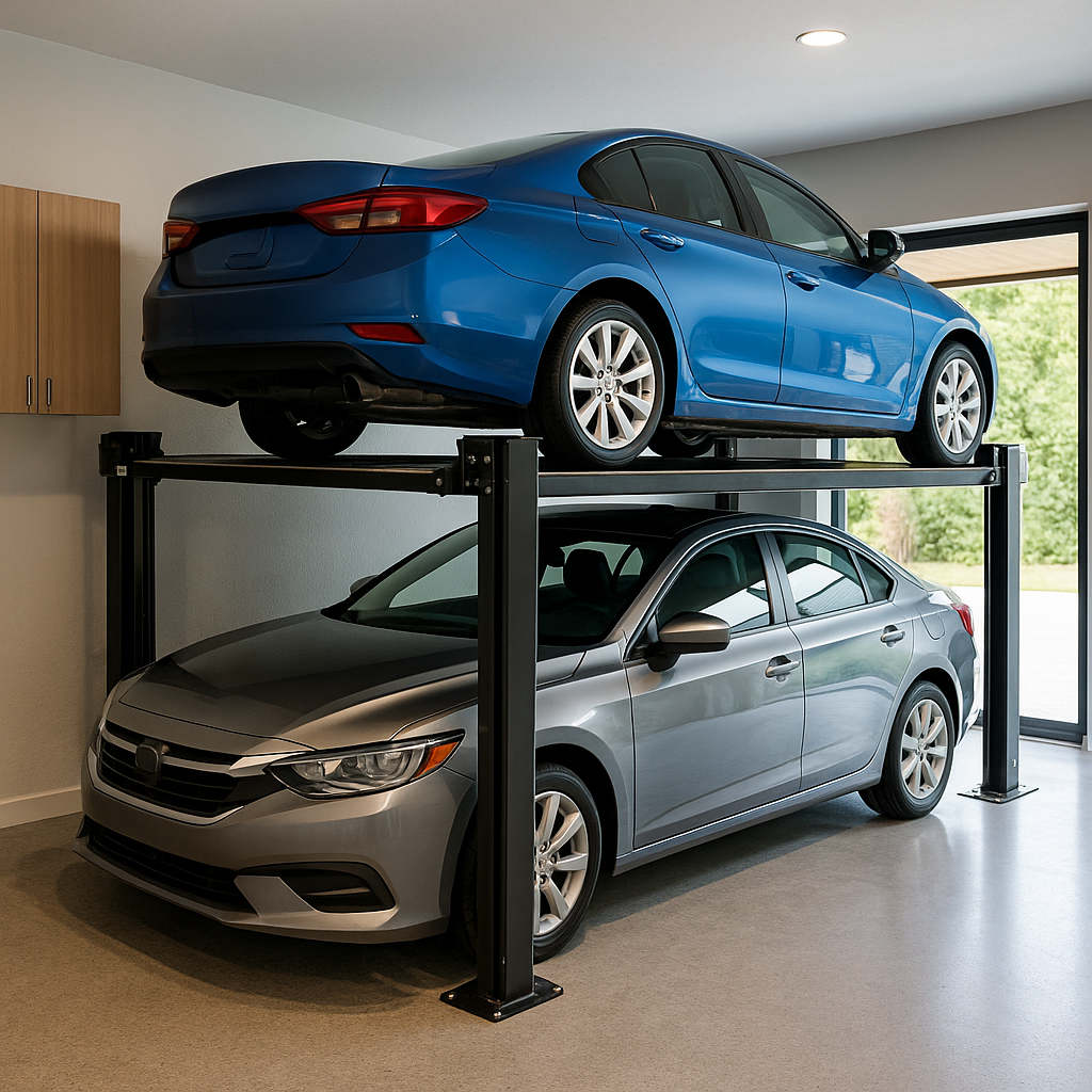 Elevador para autos instalado en un garaje residencial moderno con dos vehículos en distintos niveles