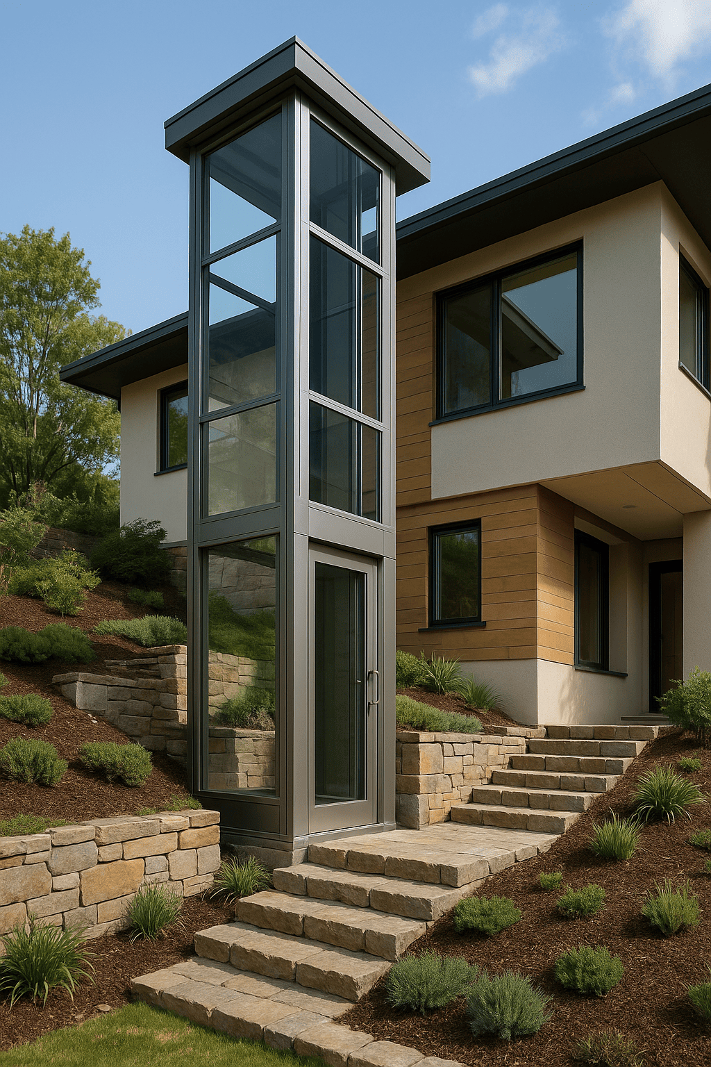 Elevador exterior instalado en una vivienda con desnivel, con cabina panorámica y estructura moderna