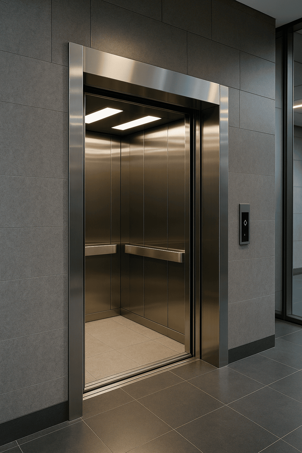Elevador comercial moderno en un edificio empresarial, con cabina amplia y puertas automáticas
