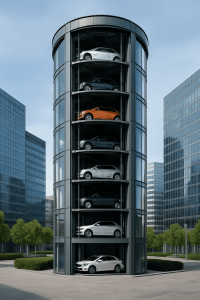 Torre automatizada de estacionamiento con elevadores para autos en varios niveles dentro de un entorno urbano moderno