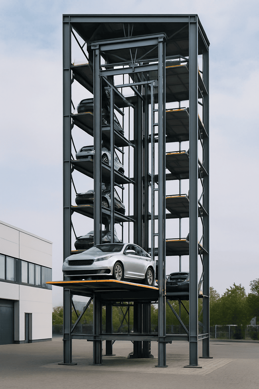 Estructura vertical de torre de estacionamiento automatizada con plataformas elevadas para autos