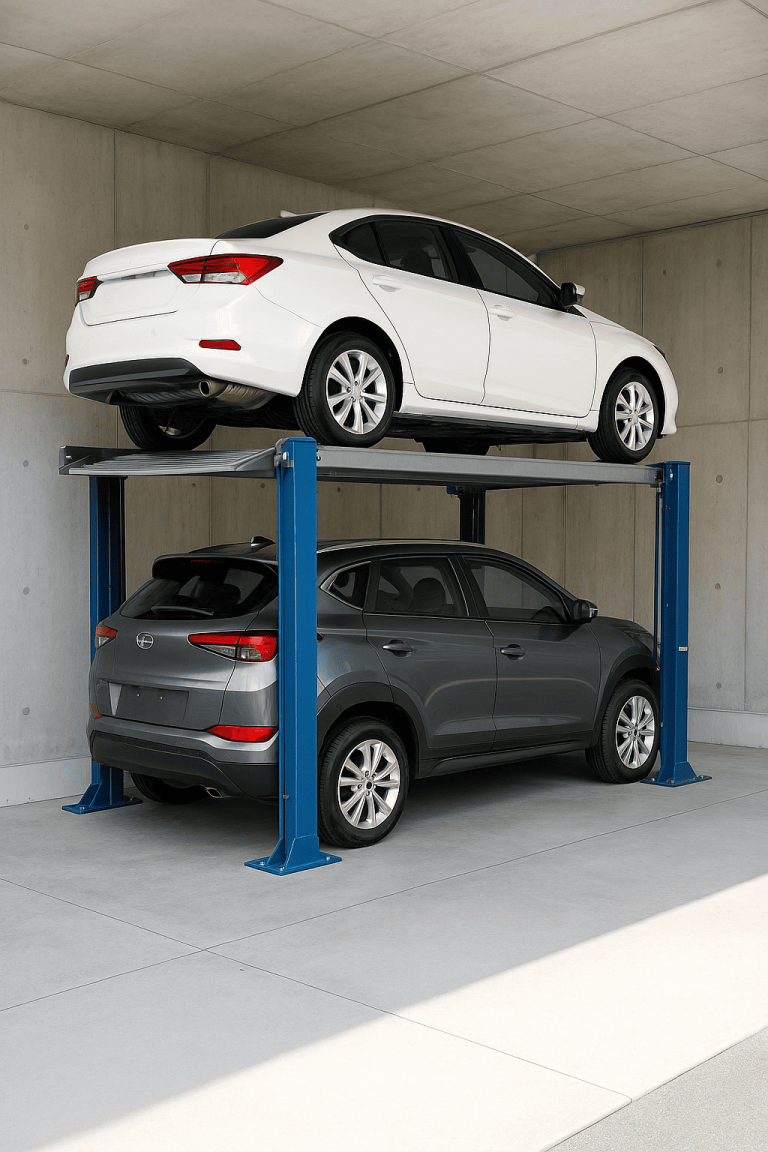 Sistema de elevadores de auto en un estacionamiento moderno con dos vehículos en plataformas elevadas