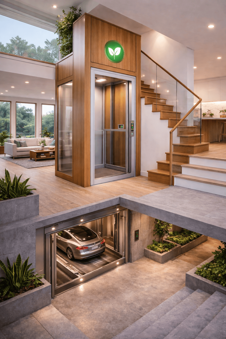 Elevador residencial ecológico de bajo consumo energético integrado en proyecto arquitectónico sostenible moderno