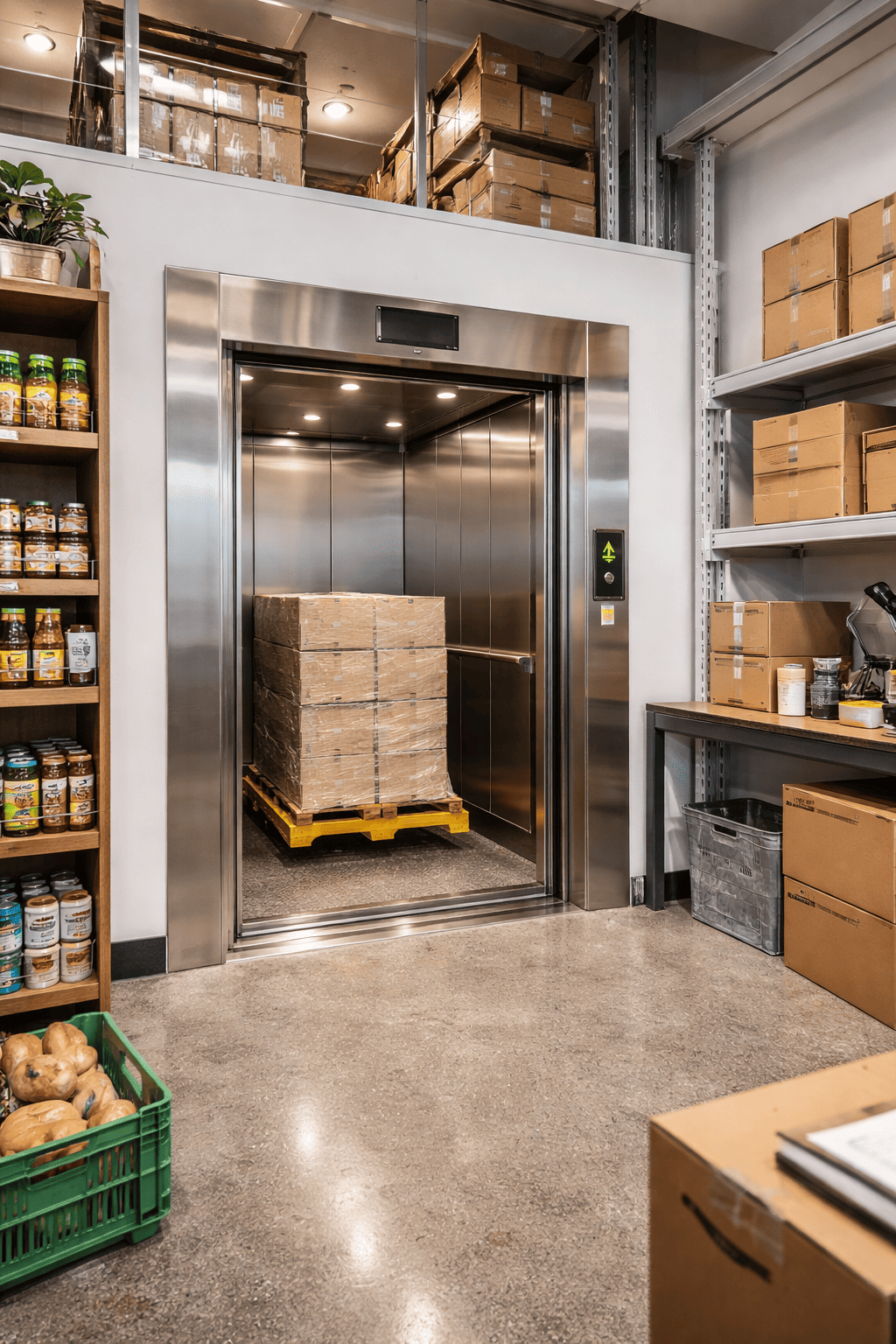 Montacargas eléctrico compacto instalado en comercio con bodega pequeña para transporte vertical de mercancías