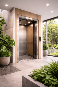 Elevador ecológico de tracción sin aceite instalado en edificio moderno con diseño sostenible y alta eficiencia energética