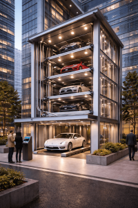 Estacionamientos verticales automatizados para edificios urbanos con torres, plataformas y sistema robotizado en entorno moderno