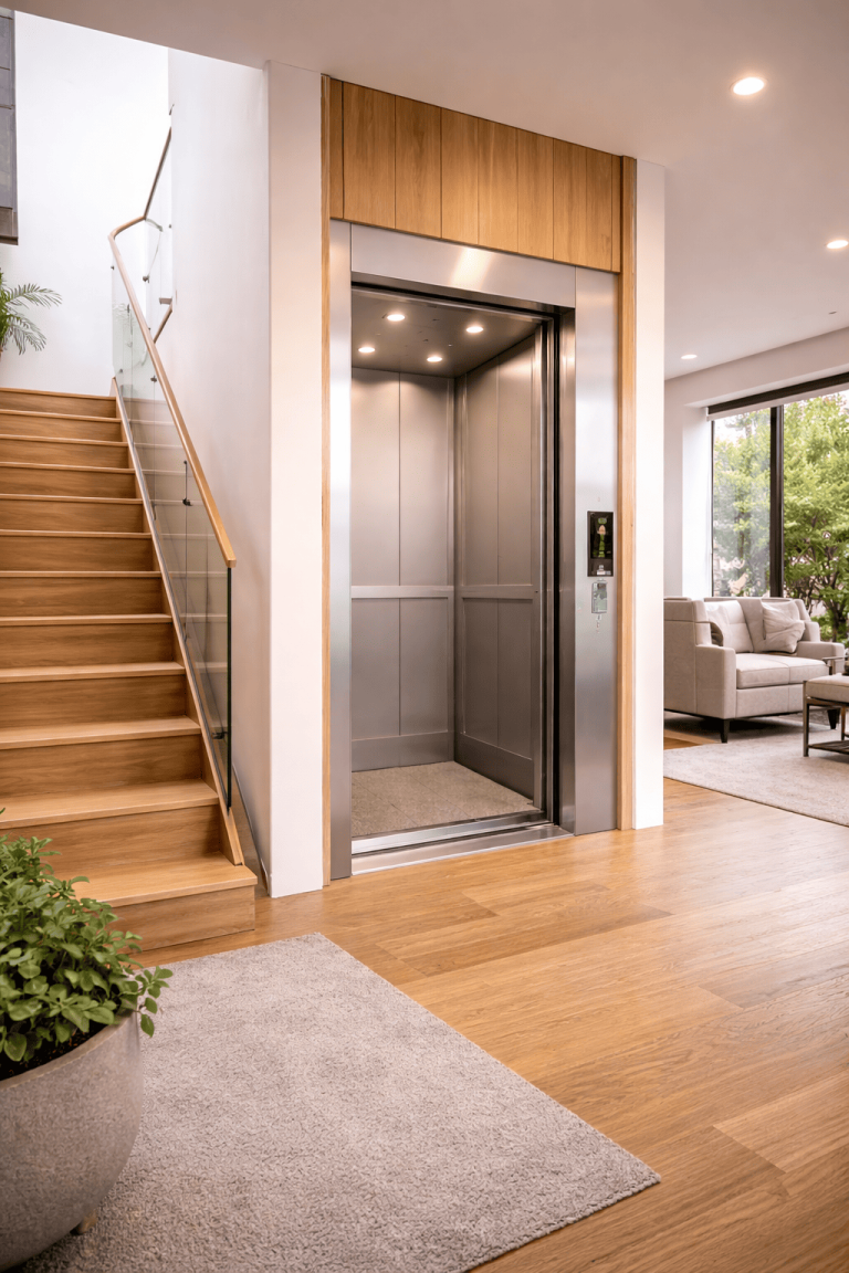 Elevador residencial para casa unifamiliar de varios niveles instalado en vivienda moderna con diseño funcional