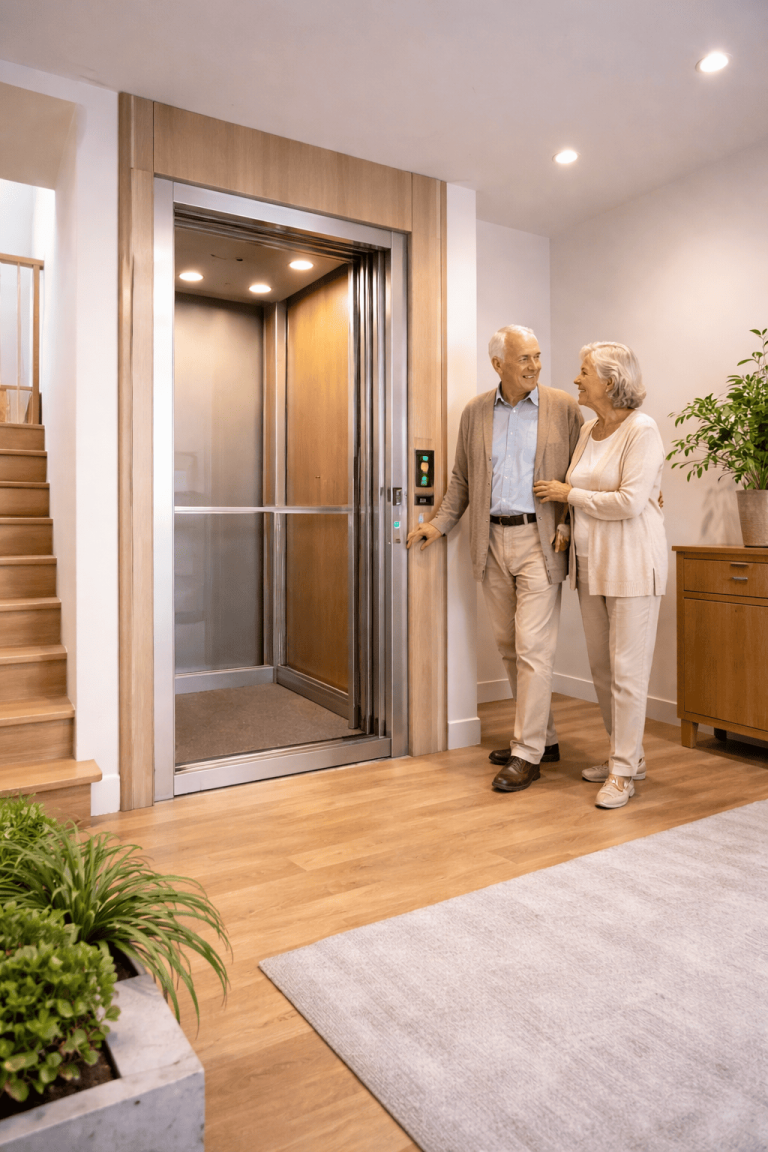 Elevador residencial silencioso instalado en vivienda moderna, diseñado para accesibilidad y uso seguro de adultos mayores