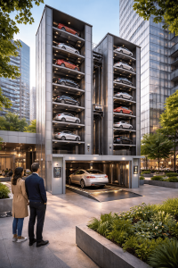 Estacionamiento vertical inteligente con torres automatizadas integrado a entorno urbano moderno y edificios de alta densidad