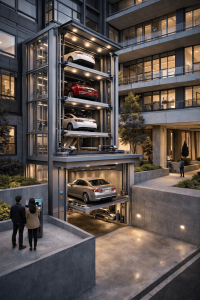 Instalación de elevadores de autos en edificios residenciales con sistema vertical integrado a estacionamiento subterráneo