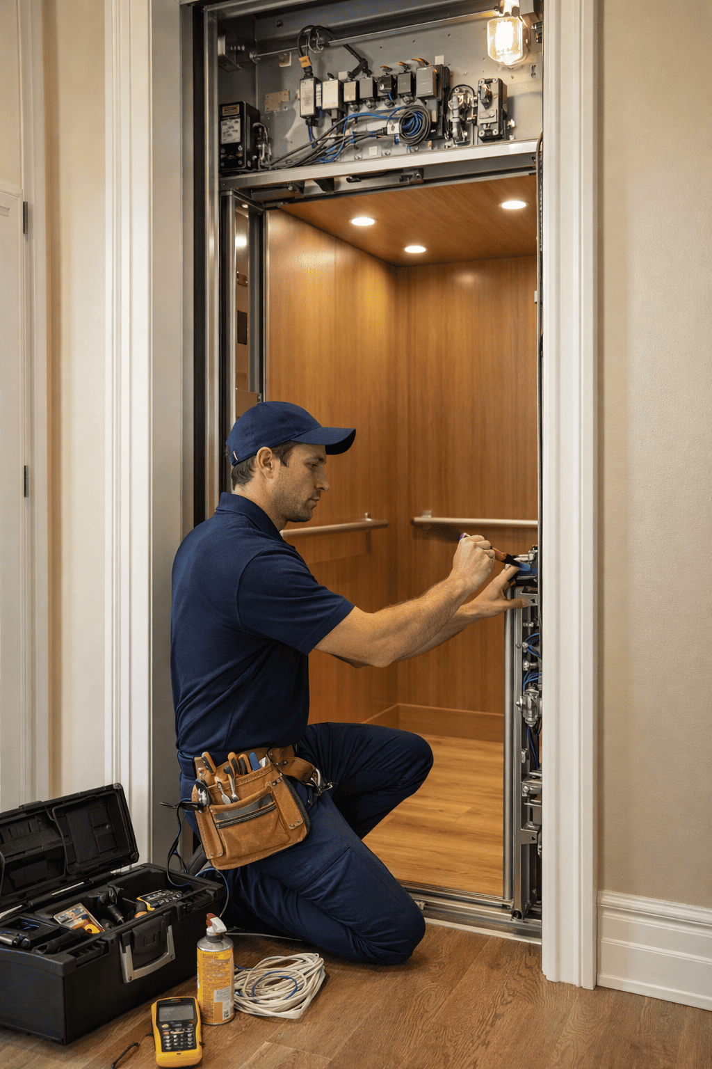 Técnico realizando mantenimiento preventivo de elevador residencial moderno en vivienda unifamiliar