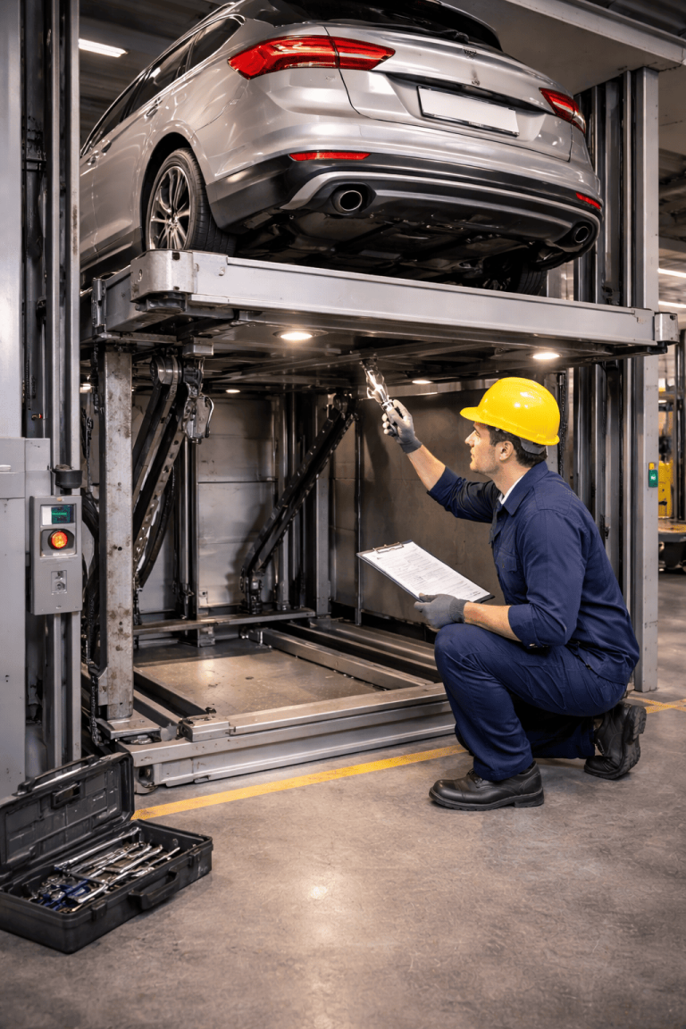 Elevador para autos en estacionamiento con técnico realizando mantenimiento preventivo y revisión de sistemas mecánicos