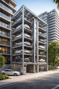 Estructura metálica de alta ingeniería de sistemas de estacionamiento vertical para edificios residenciales en un entorno moderno.