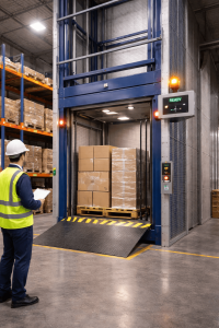 Elevador montacargas industrial operando con carga pesada y sistemas de seguridad visibles en entorno logístico