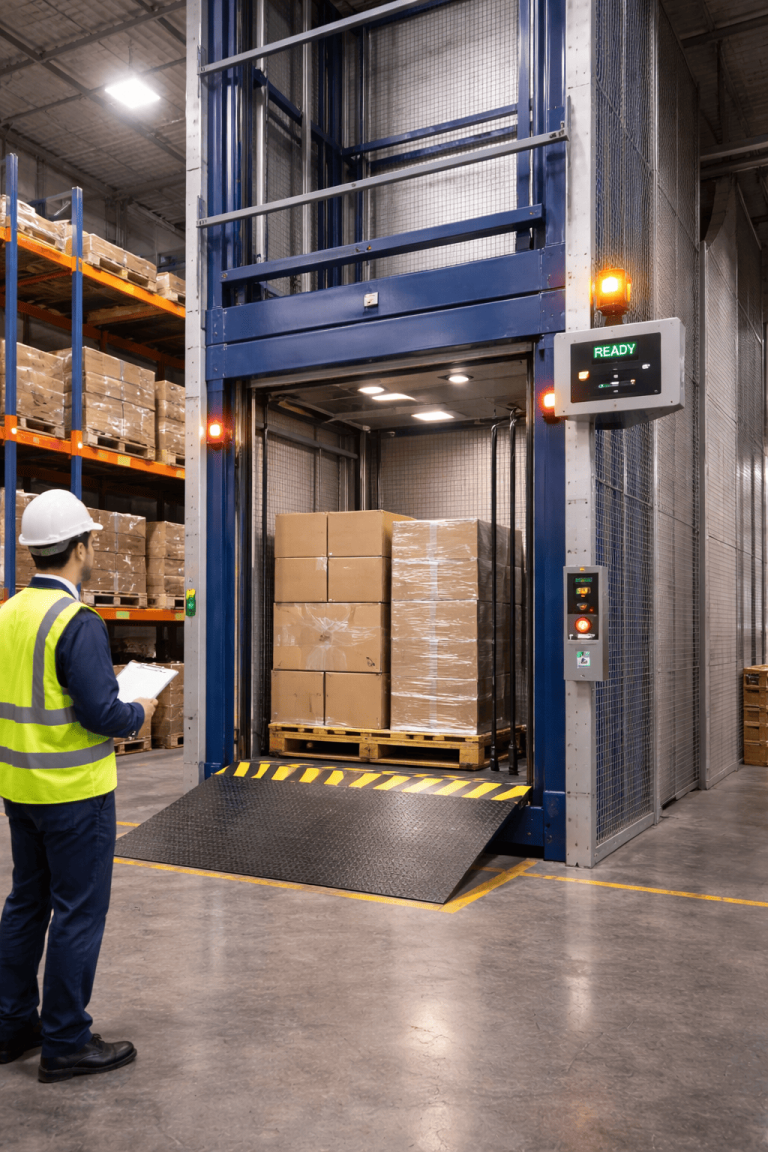 Elevador montacargas industrial operando con carga pesada y sistemas de seguridad visibles en entorno logístico