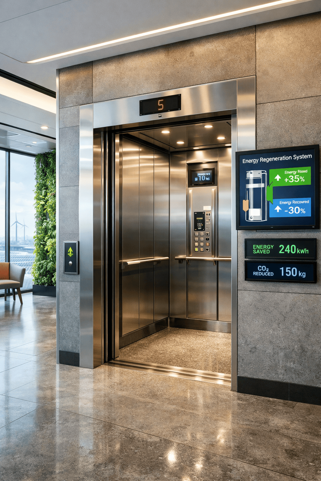Ascensor moderno con sistema de regeneración energética en edificio comercial sostenible y eficiente energéticamente