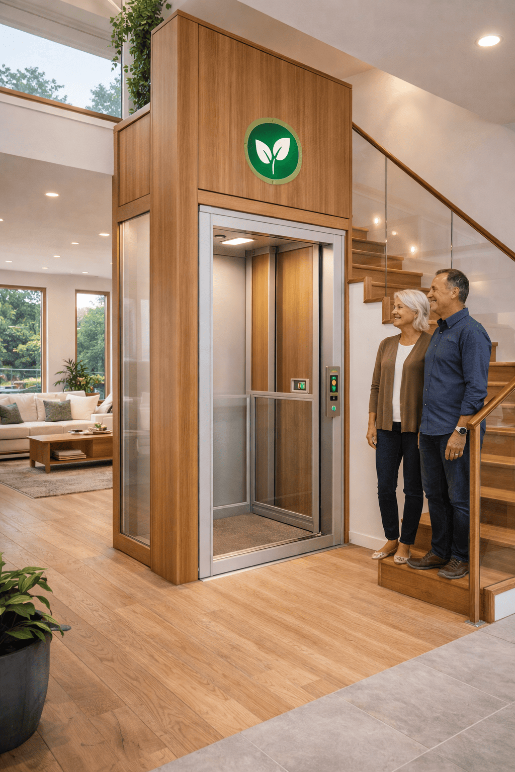 Elevador residencial compacto de bajo consumo energético instalado en vivienda moderna de varios niveles