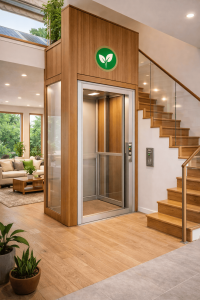 Elevador doméstico ecológico de bajo consumo energético instalado en vivienda moderna con diseño sostenible