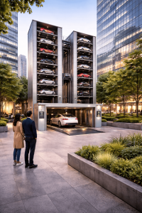 Sistema de estacionamiento vertical automatizado para edificios urbanos con plataformas apiladas en entorno moderno