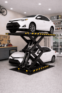 Elevador de estacionamiento residencial compacto y seguro elevando un auto en garaje doméstico ordenado y reducido